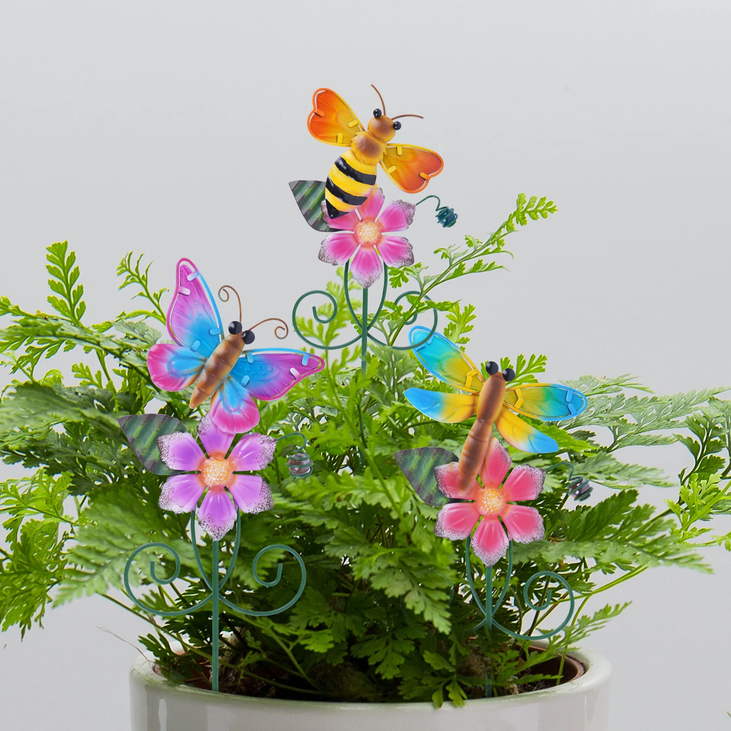Topadorn Bee Butterfly and Dragonfly Set of 3 Garden Stakes Outdoor Plant Pick Waterproof Metal Flower Garden Stakes