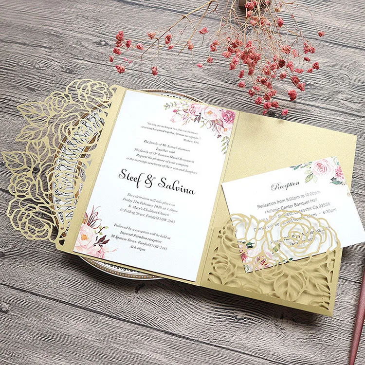 New Design Creative Pocket Fold Invitations Gold Laser Cut Pearl Paper Card With Wedding  Place Details Card