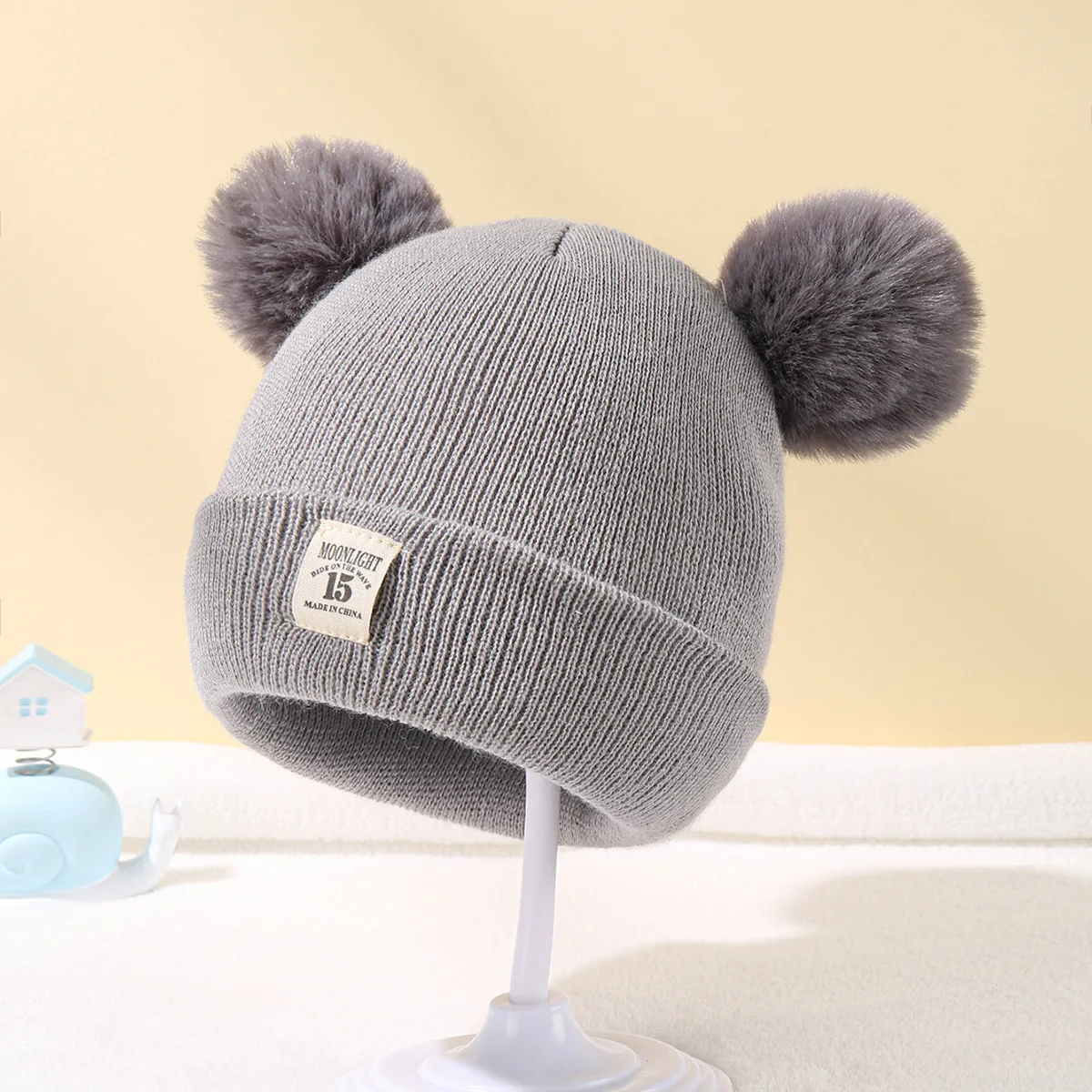 OEM in stock knitted high quality caps with label acrylic two balls 0-3 years old child toddler hats winter baby beanie pom pom