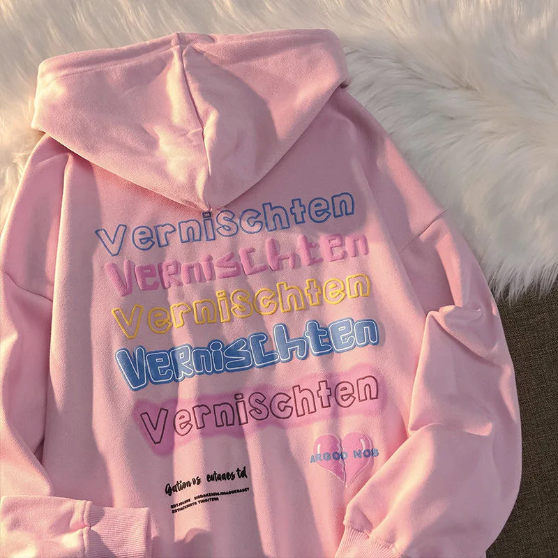 American love broken letter back foam print female hooded cardigan hoodie spring and autumn thin loose zipper coat