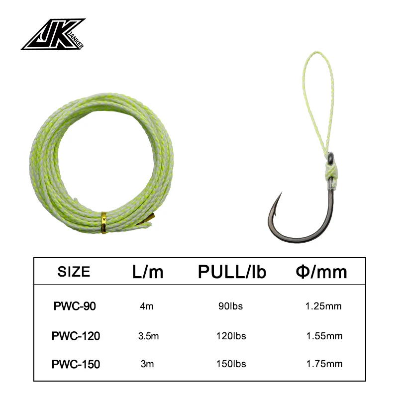 JK 90/120/150LB Luminous PE Assist Line 7*7 Stainless Steel Wire Core Rebar High Stronger 8 Strands Braided Fishing Line Green