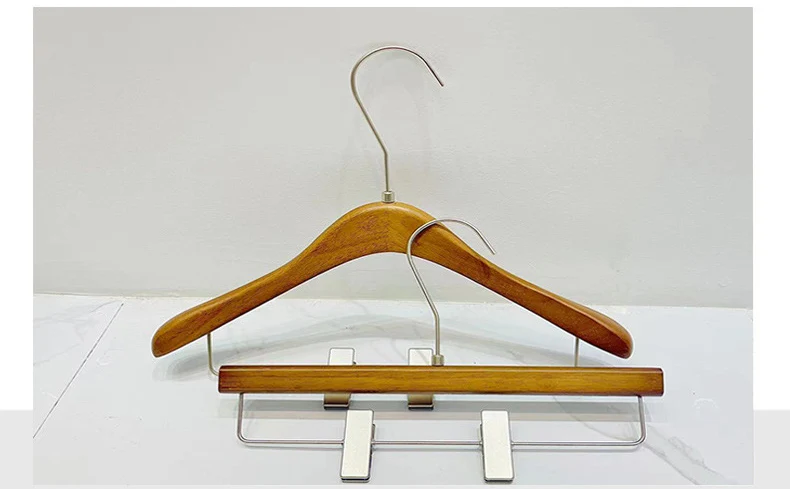 Free Custom Logo Luxury Cloth Hanger Wood Clip Hanger Skirt Trouser Boutique Wooden Walnut Clothes Hanger with Clip