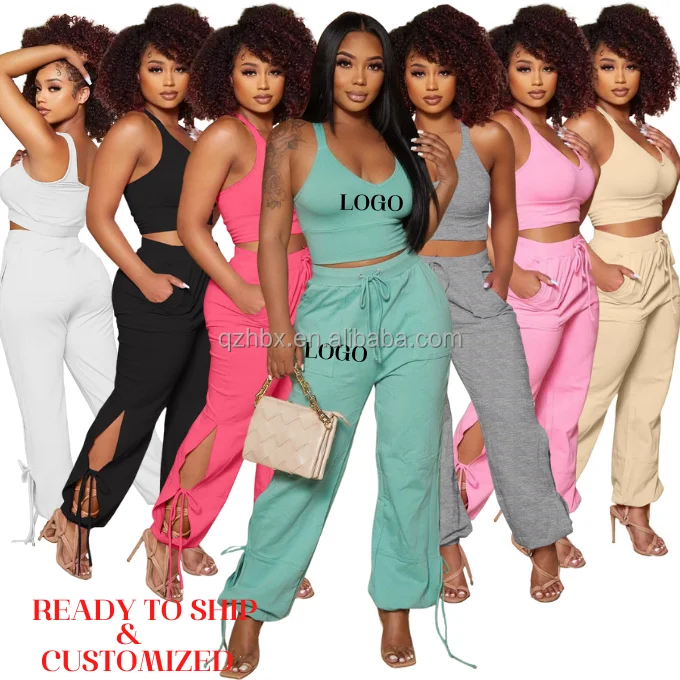 High Quality Ready To Ship Or Customized Your LOGO Women Sets Split Bandage Hollow Out U Neck Sleeveless Two Pieces Pants Set
