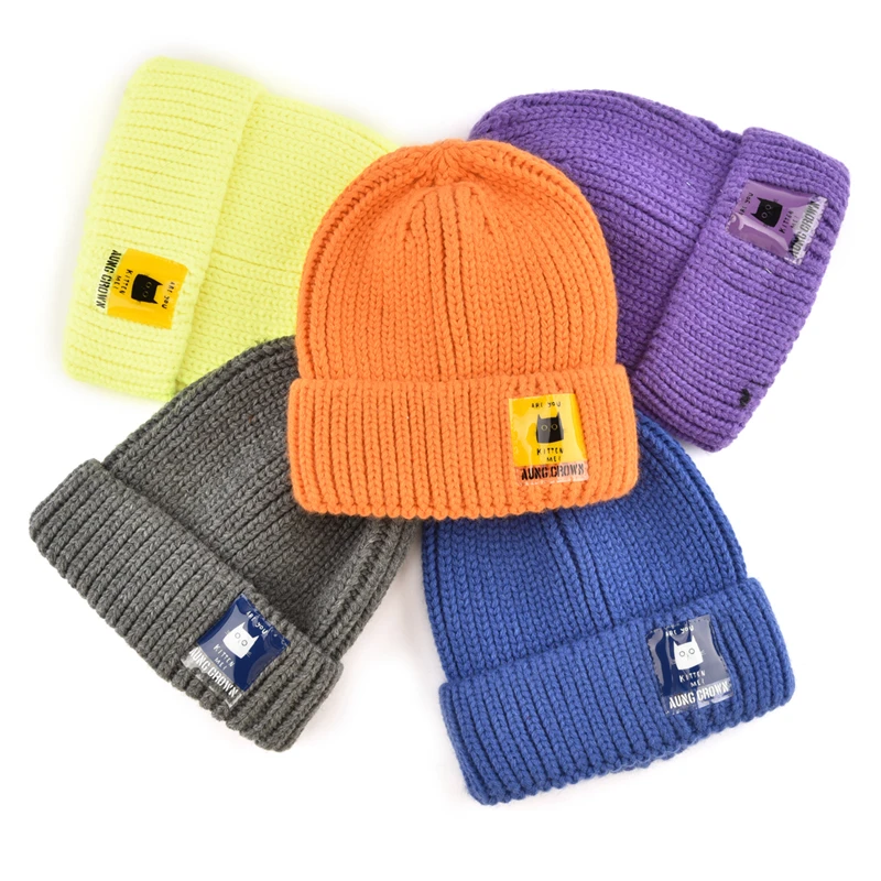 Custom Solid Color Knit Cuffed Plain Beanie Cap,Private Woven Label Logo Beanies,Skull Hats Warm Kids Knitted Winter Hat