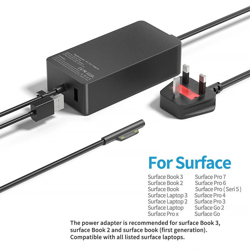 U&L Test 127W Replacement Laptop A1932 Charger for Microsoft Surface Pro 8 7 6 i5 5 4 3 AC Surface Laptop Charger