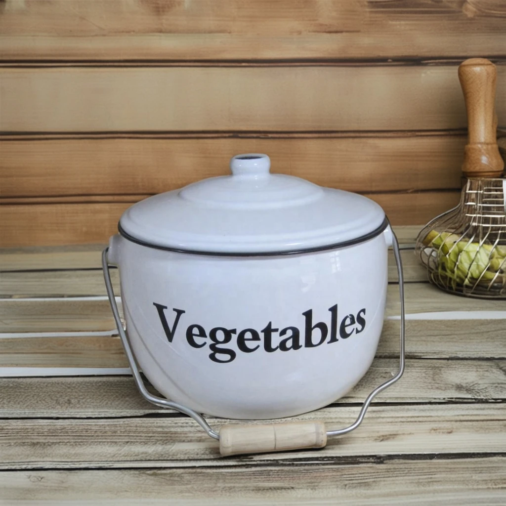Enamel  Storage Pot Set With Traditional Decal Potato  Onion  Vegetable Pot