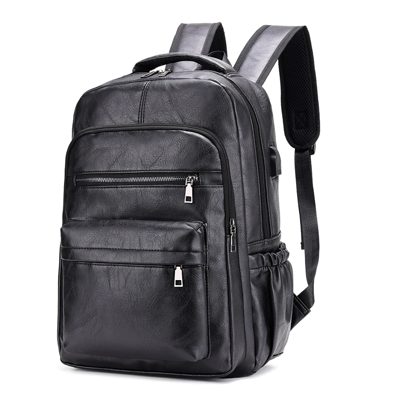 new style Fashion Man PU brown Leather Waterproof bag woman College casual laptop backpack With USB