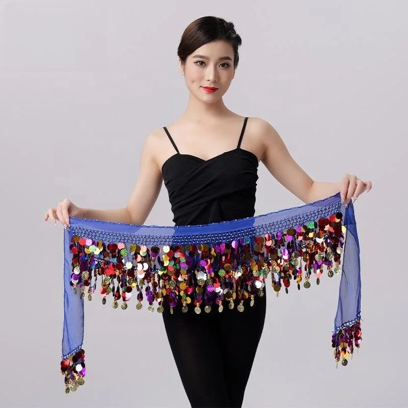 Colorful Gold Coins Chiffon Belly Dance Hip Scarf Dance Skirt Belt Waist Chain