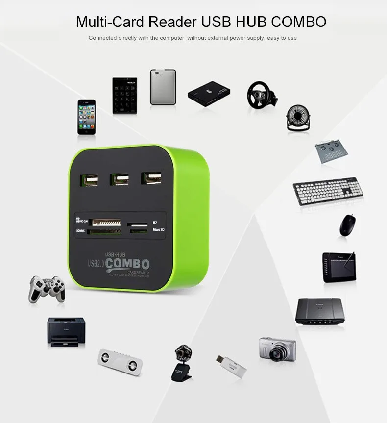 3 Port USB HUB Card Reader Multi USB Splitter 7 in 1 Support Micro TF SD M2 MS SDHC MMC Card USB Hub 2.0 for PC Laptop