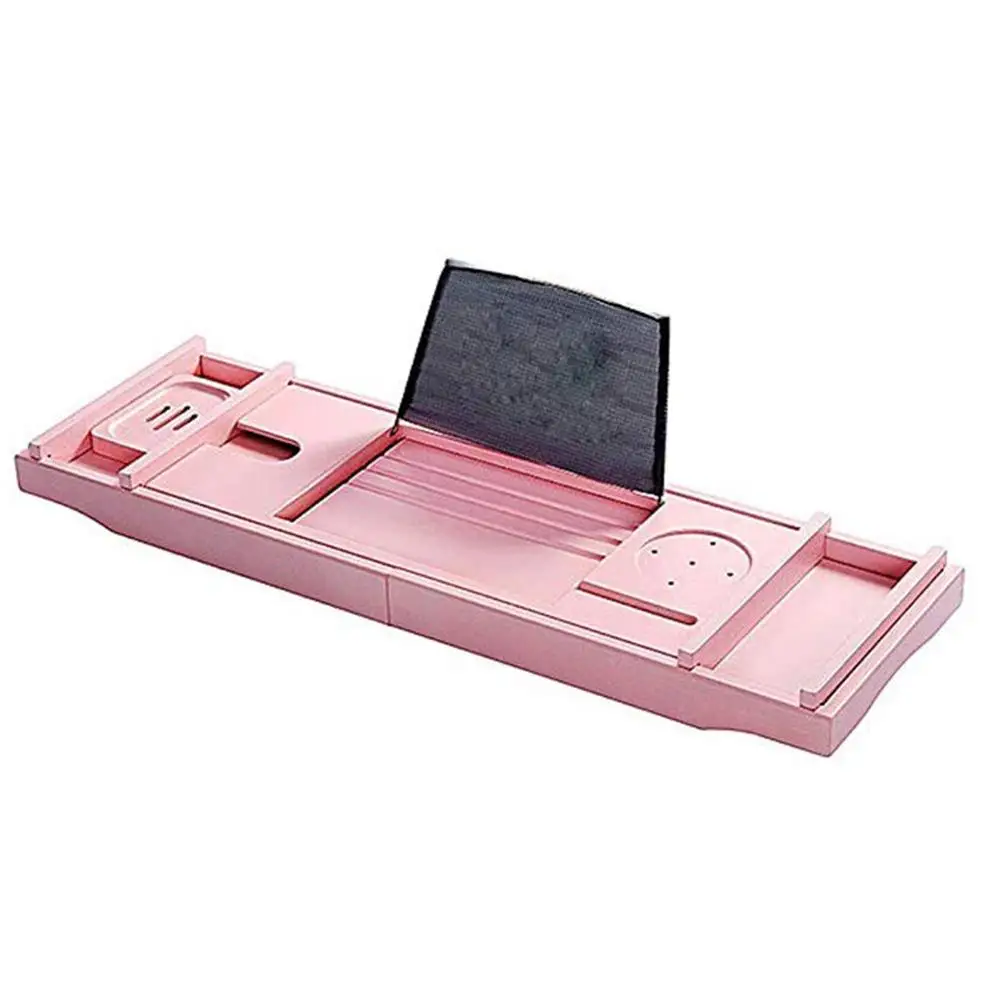 Luxury Extendable Bathtub Caddy Tray with Book and Wine Holder, Bamboo Wood Bathroom Organizer Bed Tray Free Soap Gray