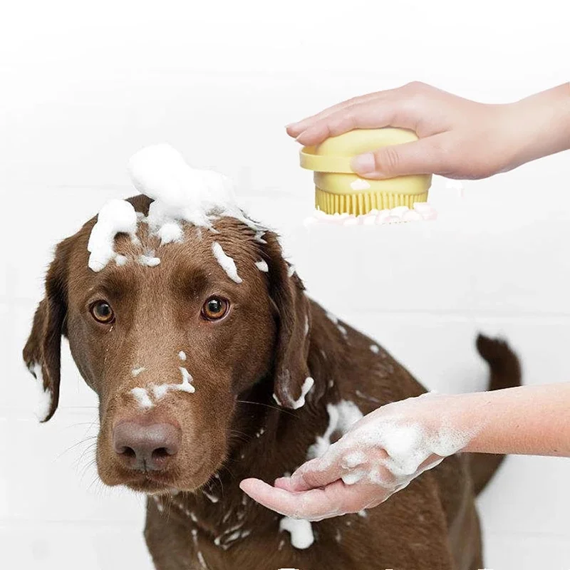 Multi- functional design Pet cleaning grooming tool 2 in 1 dog bath brushes Square massage shampoo dispenser Puppy body brush