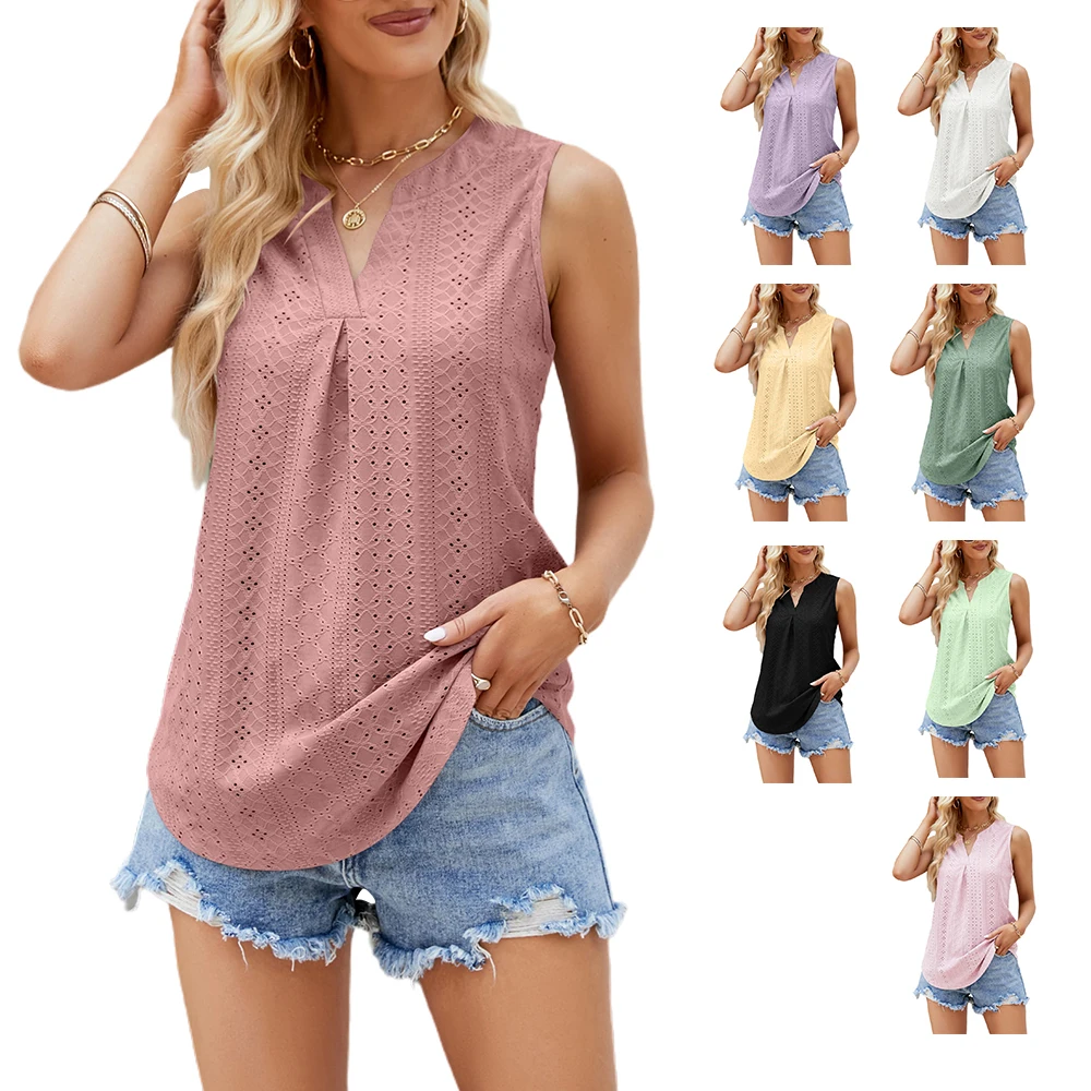 Fashion Sleeveless Blouse Eyelet V Neck Ladies Camisole Tank Top Women