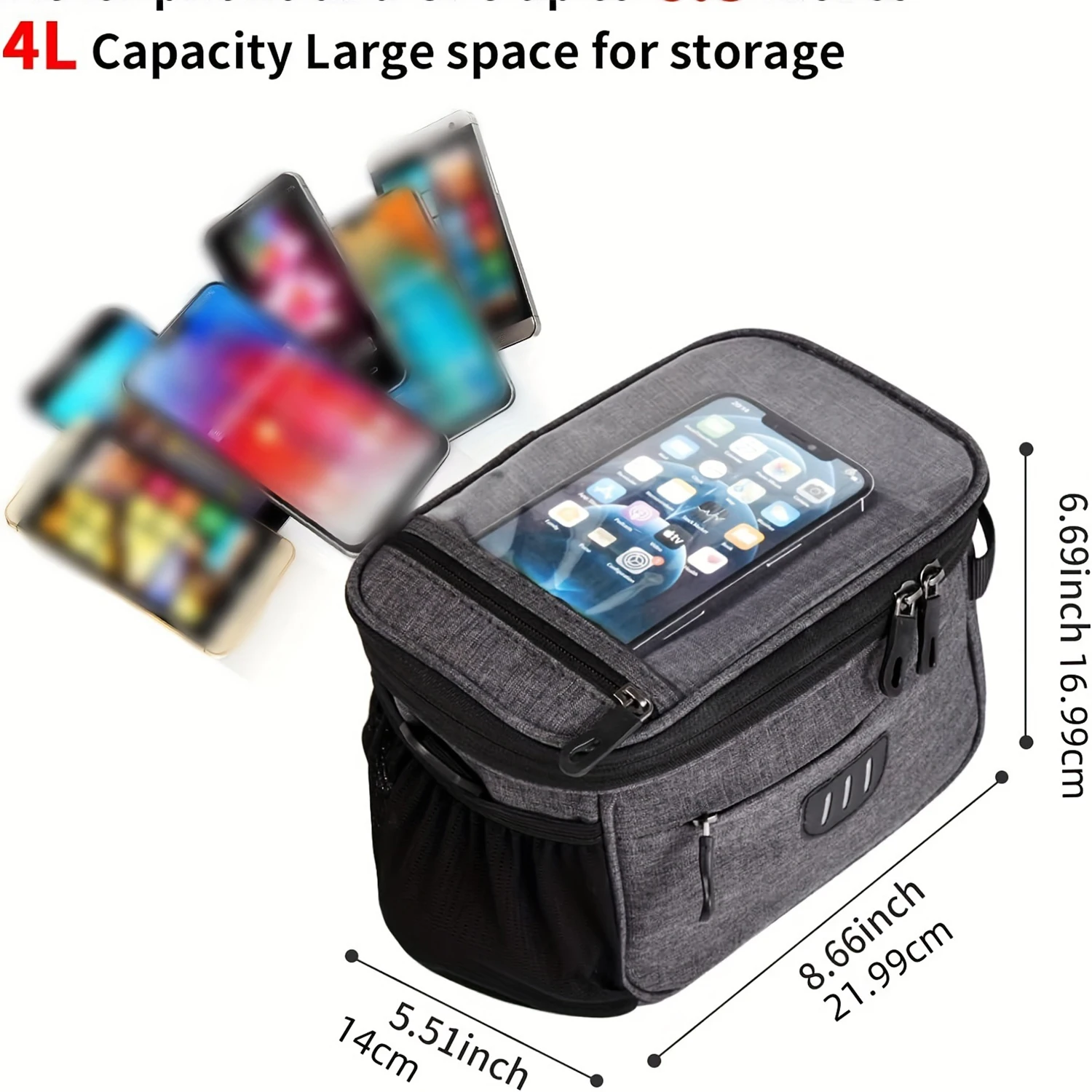 Bike Handlebar Bag Large Bicycle Front Storage Pouch Bag 6.5 inch Transparent Pouch with Shoulder Strap