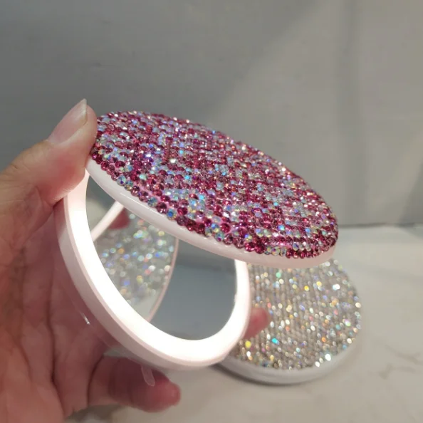 bling luxury diamond round LED rechargeable cosmetic compact pocket makeup mirror