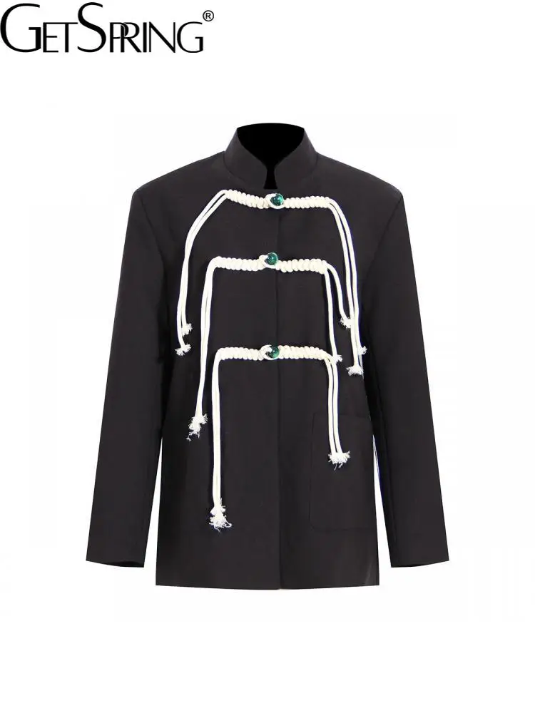 GetSpring Women Blazer Stand Collar Single Breasted Long Sleeve Black Suit Coat Retro Women's Suit Jacket Spring 2022 New