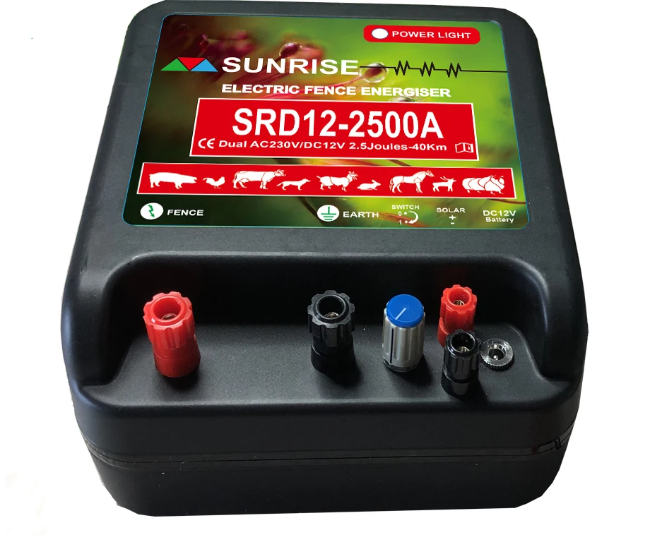 Solar and battery  and mains electric fence energizer for electric fence farm horse and sheep