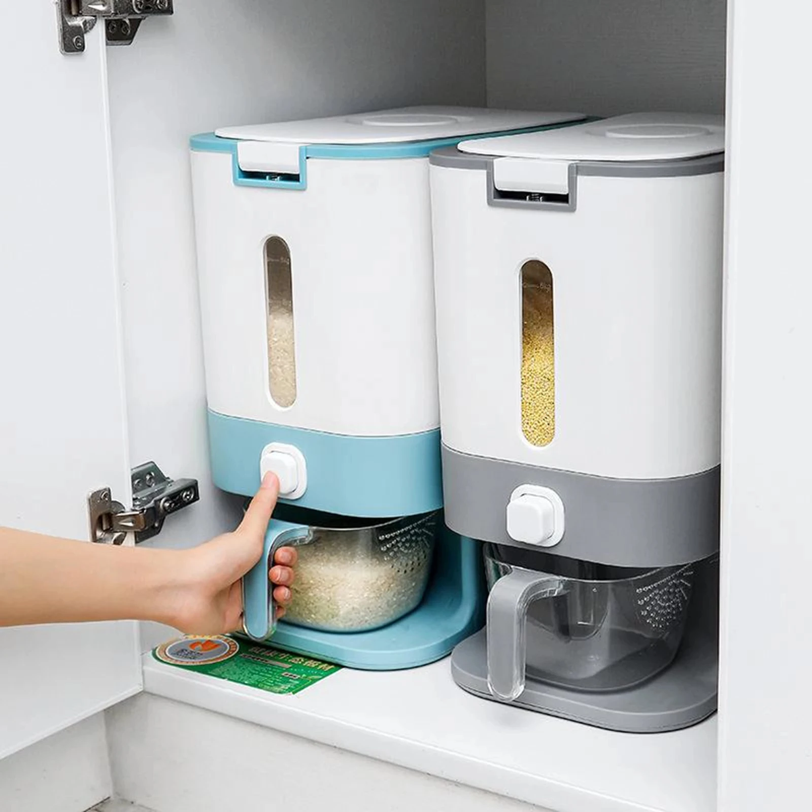 Household Rice Bucket Storage Box 12kg Moisture-Proof Metering Cylinder Automatic Grain Rice Storage Tank Cereal Dispenser