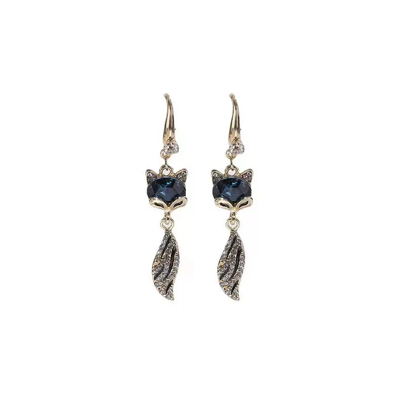 fairy ear hook blue rhinestone Fox long earrings elegant high-end versatile gentle earrings