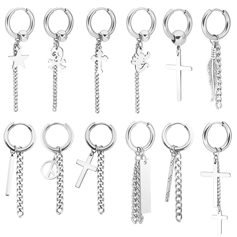 New Fashion Titanium Steel Cross Star Skull Drop Dangle Earring Lightning Hexagram Clip Long Earring For Men And Women