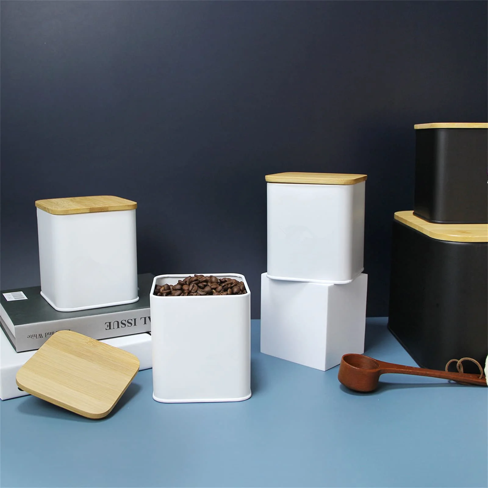 Wholesale Metal Square Canister Box Set Airtight Food Storage Canister With Bamboo Lid