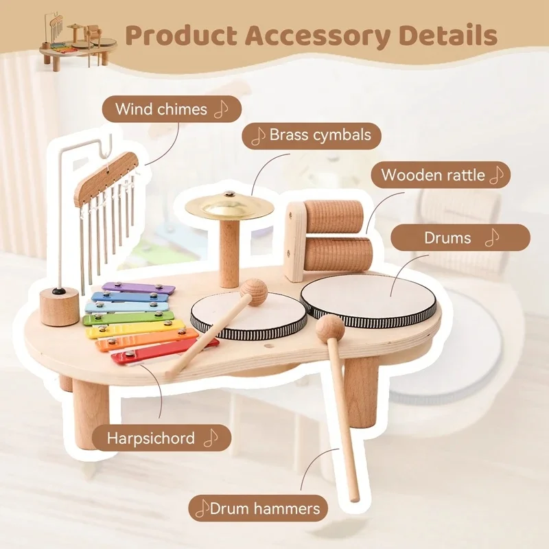 Toddlers Montessori wooden musical instruments drum play set multifunction percussion instruments musical toy wood music table