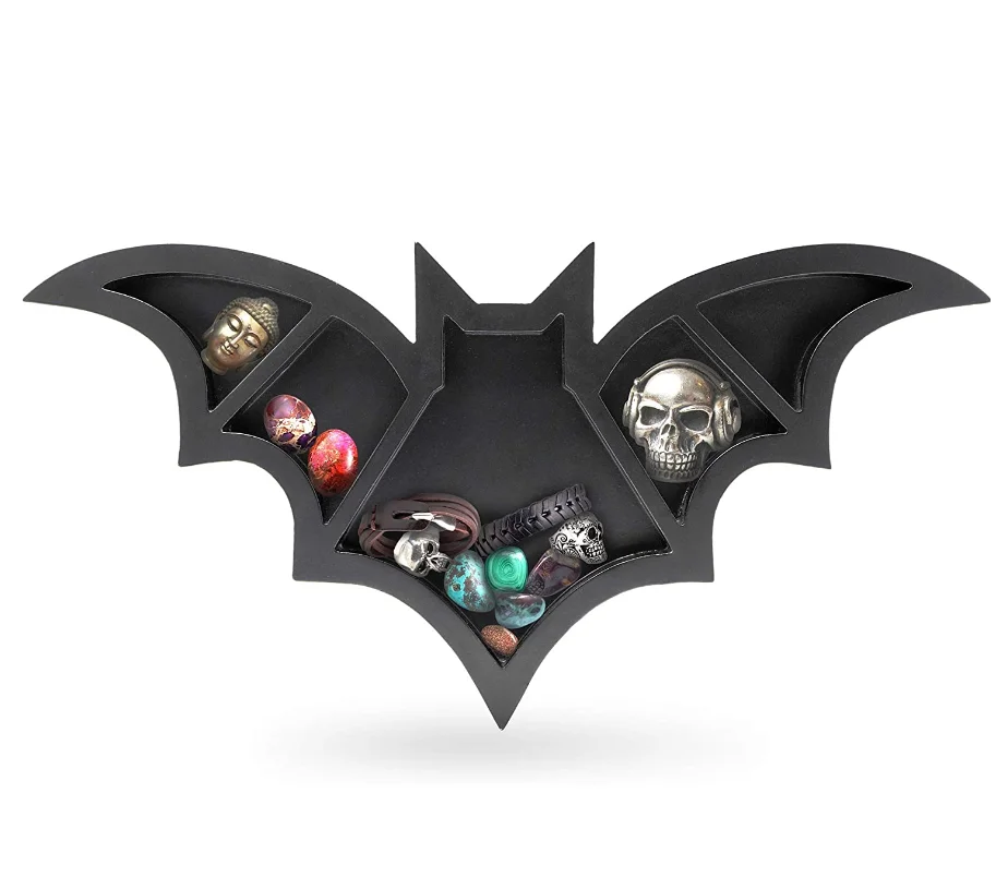 
Black Wooden Floating Shelf Bat Gothic Witchy Shelf Makeup Organizer and Gothic Jewelry Box 