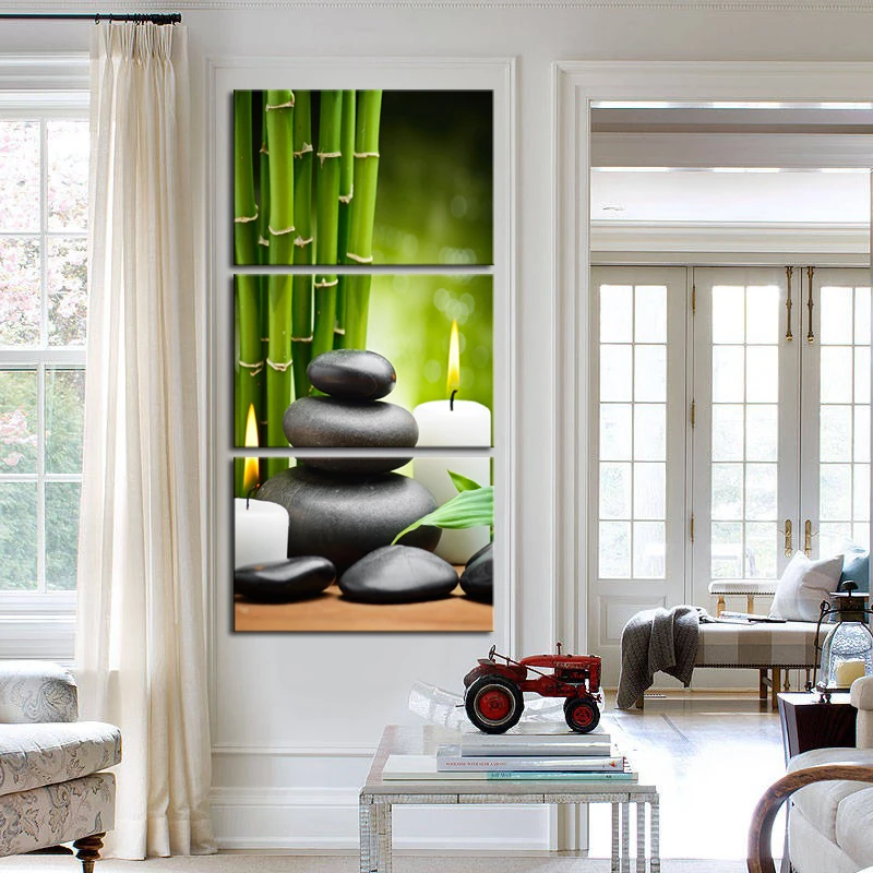 
3 Piece Hd Picture Green Bamboo SPA Stone Candle Posters Art Decoration Wall Canvas Print Painting 