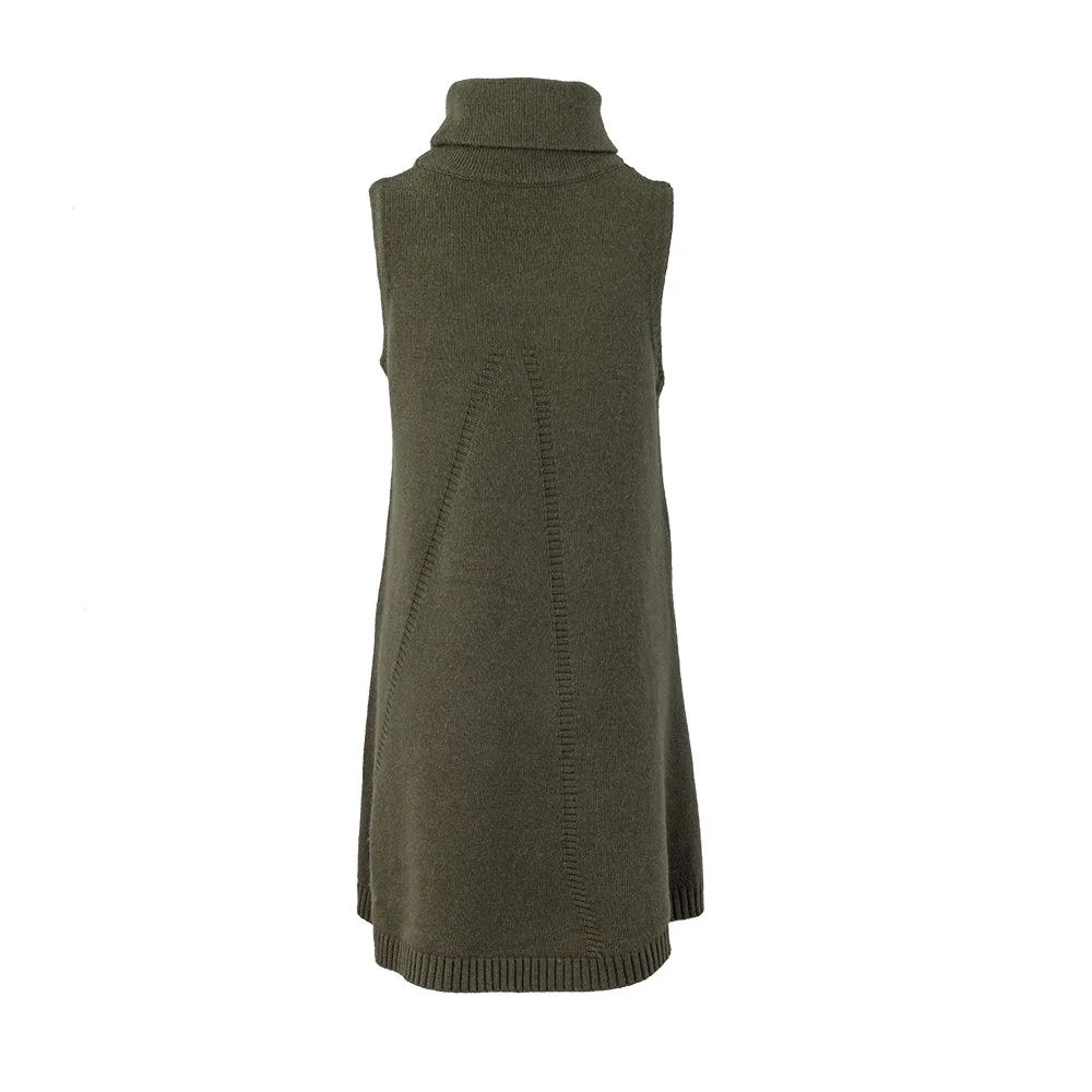 2021 fashion green color high neck yak wool kness-Length women dress sleeveless winter dress for women