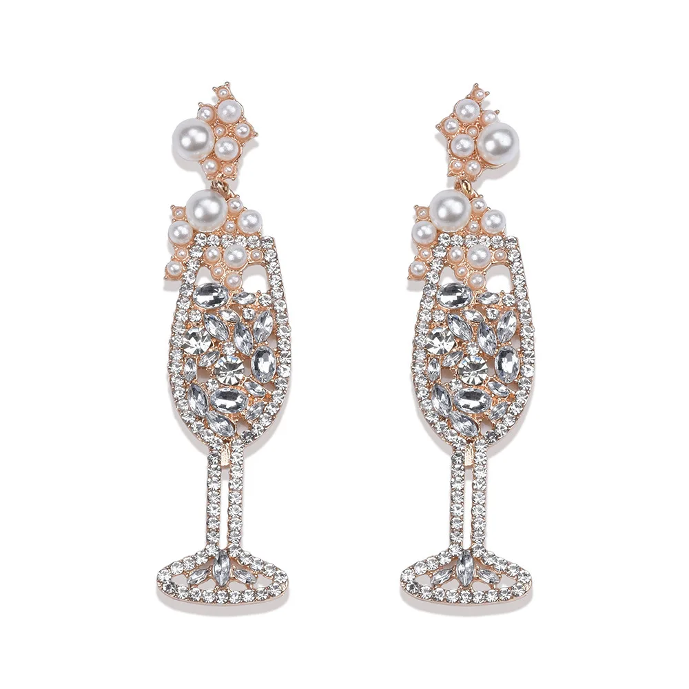 
New products creative and fresh stud gem stone temperament wild pearl jewelry pearl red wine glass women golden earrings 