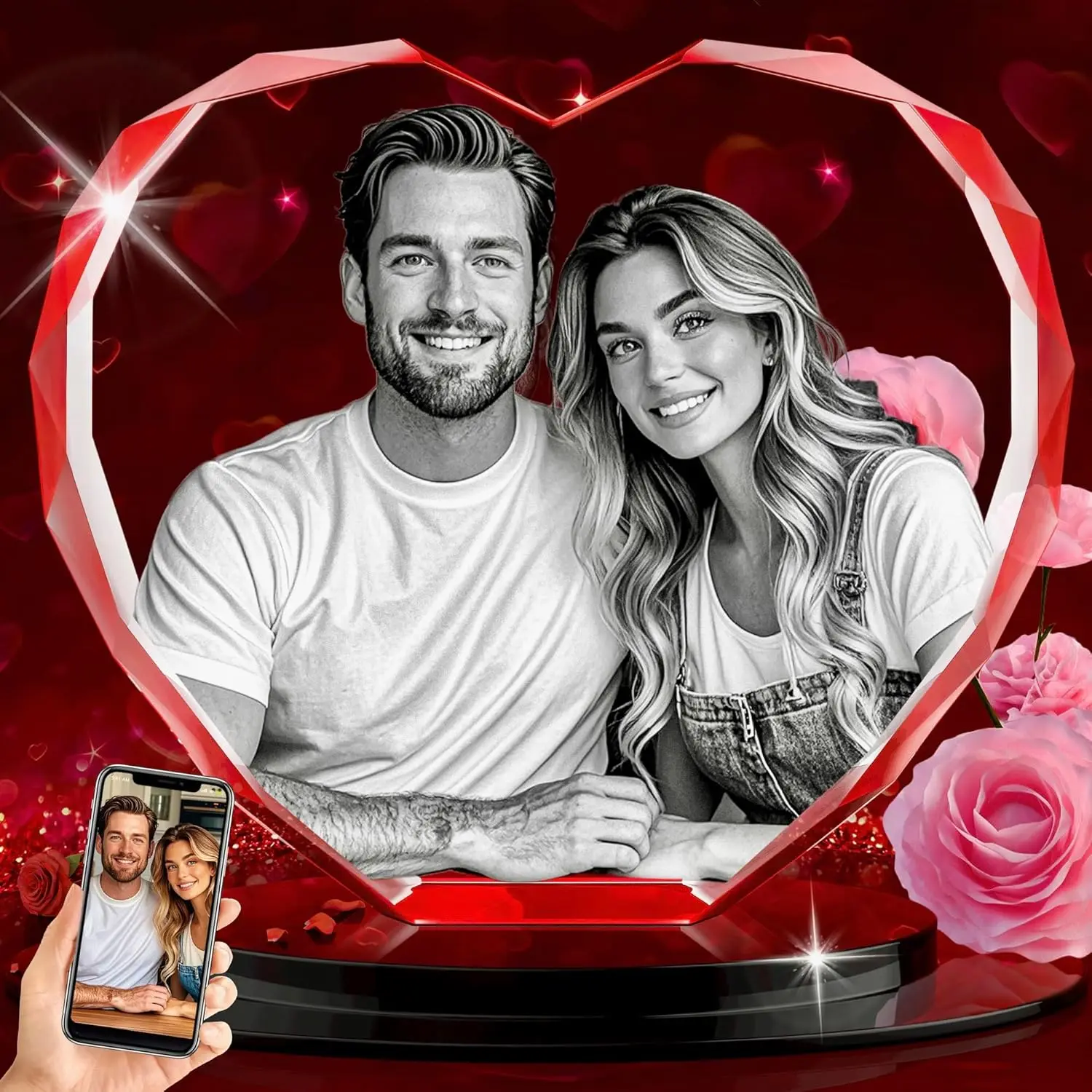 Heart shape k9 crystal glass block cube craft led bluetooth wooden base 3d laser photo crystal cube for wedding crystal gift