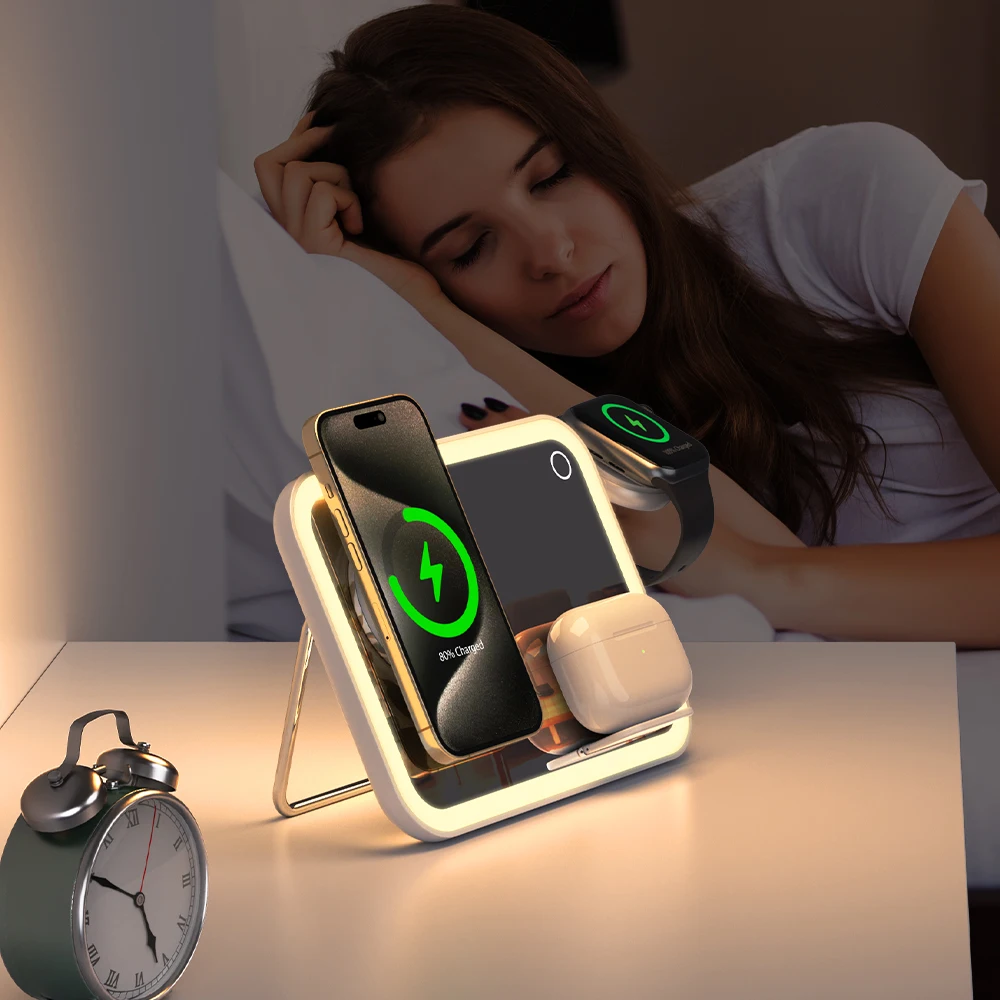 KC LED Lighted Makeup Mirror 4 in 1 Magnetic Wireless Charging Station Night Light Table Lamp Charger for iPhone/Watch/AirPods