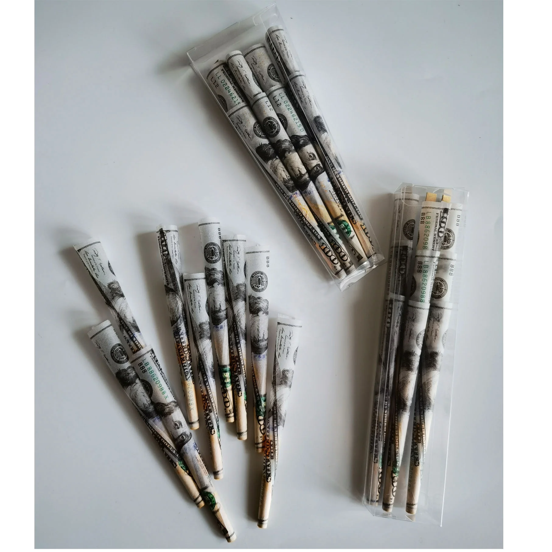 
Unique $100 dollar design Pre-Rolled Cones of king size 109x26mm - 800 Cones Per Box 