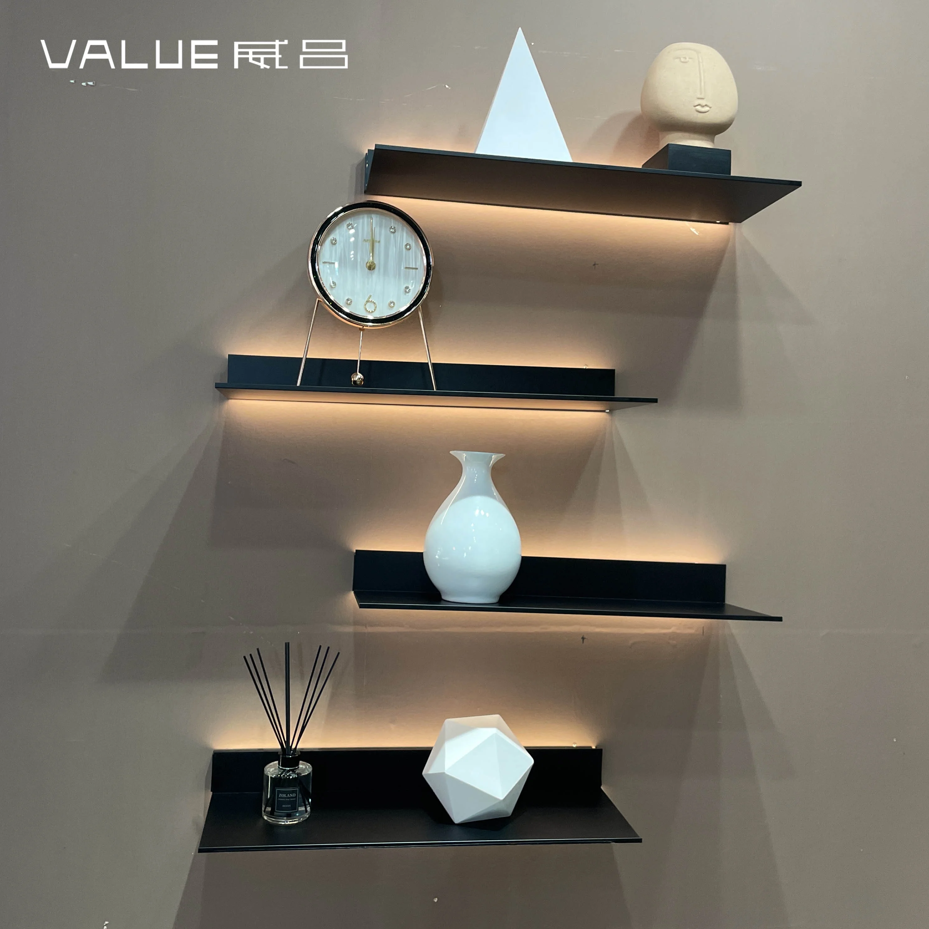 Fashionable and Popular  Modular Aluminum Polished Decoration Floating  L-shaped Wall Shelf With Led Light