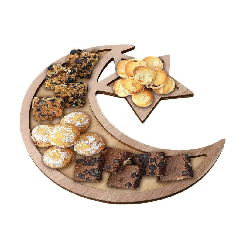 
Wooden Moon Star Tableware Tray Display Eid Mubarak Party Serving Ramadan Decoration 