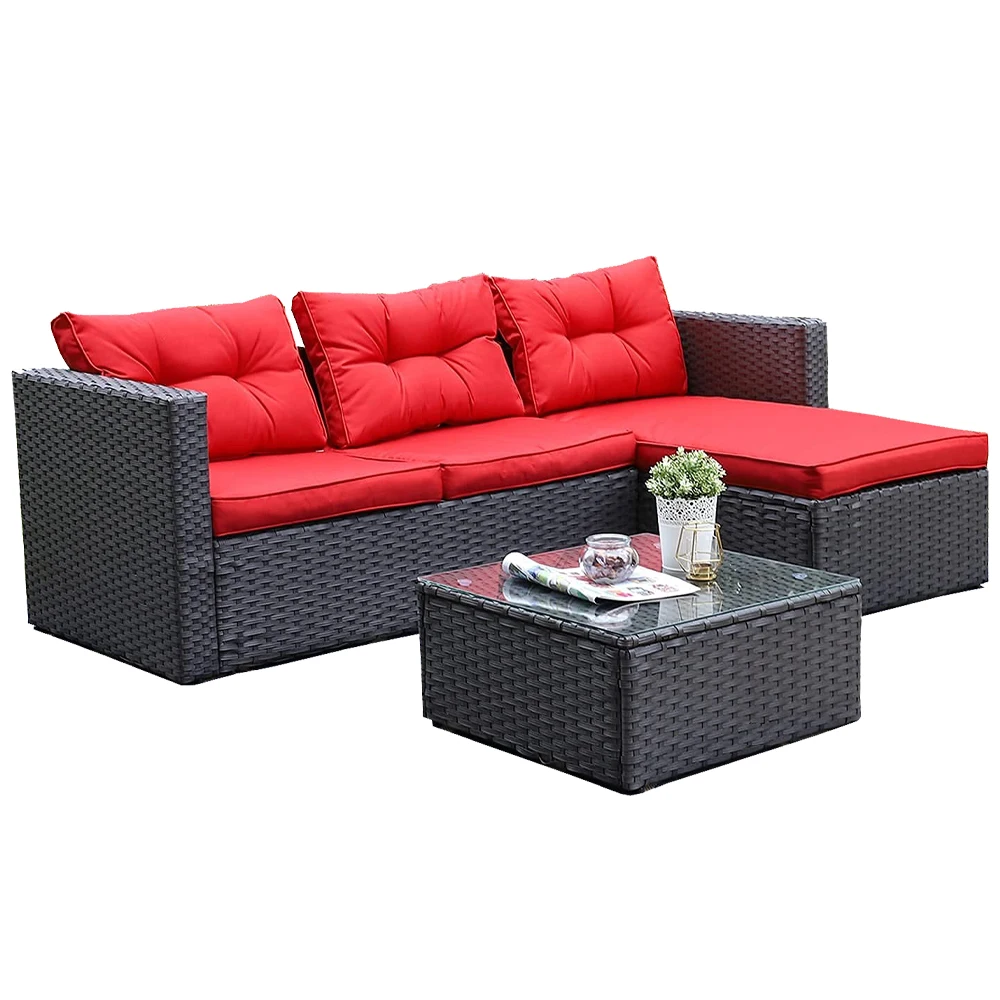 Ready To Ship Hotel Patio Sectional Wicker Rattan Small L-Shaped Outdoor Furniture Sofa Set With Coffee Table