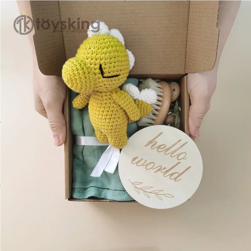 Dinosaur Baby Gift Set Crochet Animal Rattle Six-Piece Set Teether Rattle Toy Set Wholesale Infant Shower Gift for Boy