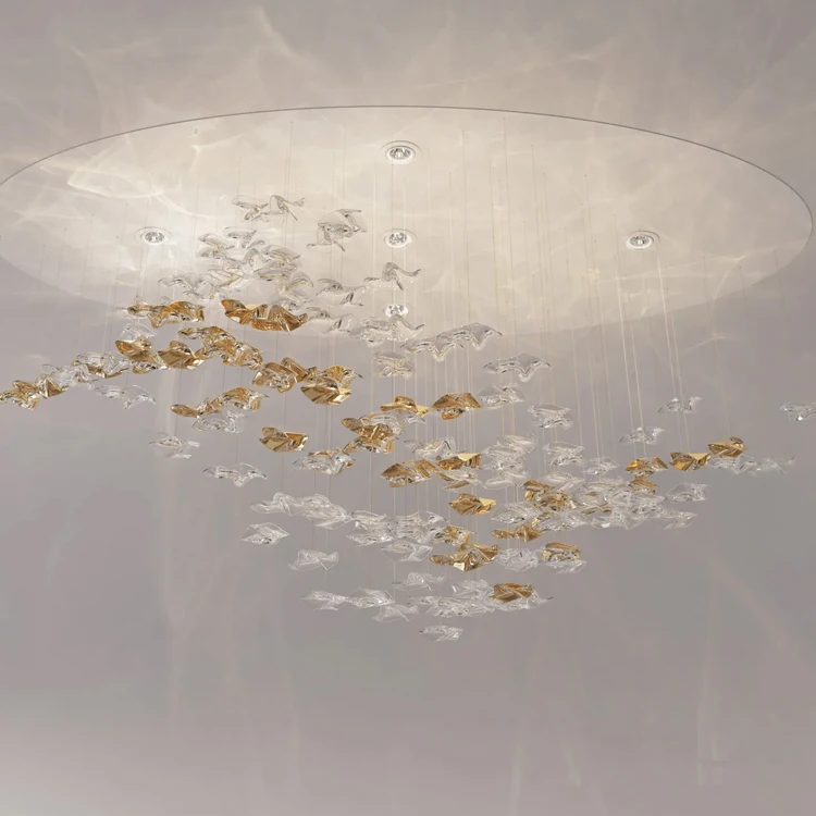 modern large gold Leaf glass led stair chandelier for dining room living room hotel hanging light luxury crystal pendant light