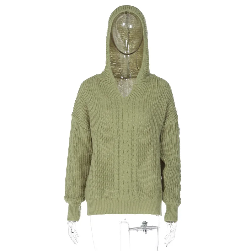 B27504 - quality winter and fall warm sweater knit hooded solid color long sleeve women t shirts