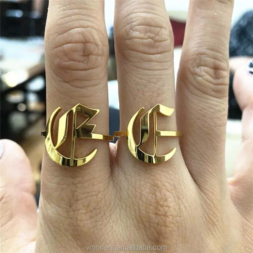 Alphabet A to Z Old English Letter Ring Design Gold Plate Stainless Steel Jewelry