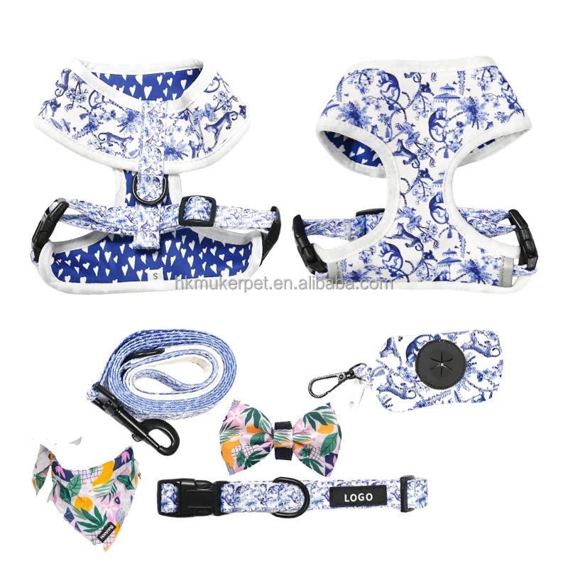 Manufacturer Pet Accessories Dog Harness Set Custom Logo Dog Vest Harness Collar Leash Bowtie Bandana Print Dog Products Harness