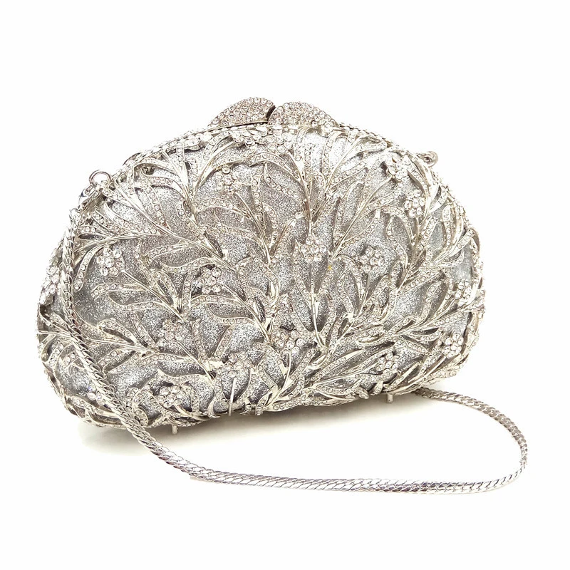 New  Elegance Dazzling Women Gold Crystal Purse Evening Clutch Bag Bridal Flower Handbag Wedding Party Metal Clutches Beaded Bag