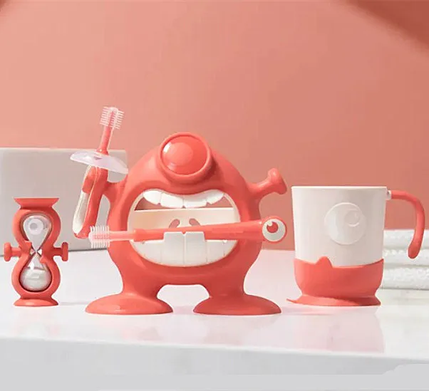 Kids Silicone Toothbrush Creative Early Education Set Toothbrush With Toy Holder Kids Training Custom Logo