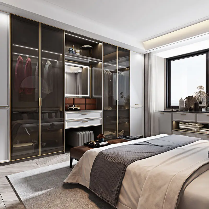Modern White Wood PVC Sliding Bedroom Wall Wardrobe MDF Door Clothes Cabinet with Mirror Dressing Drawer Closet Design