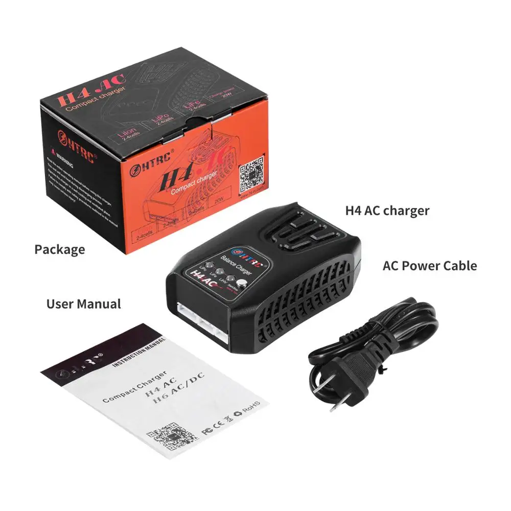 Балансирующее зарядное устройство HTRC H4AC 20 Вт 2 а для аккумуляторов 2-4s Lipo/LiFe/LiHV компактное Lipo с зарядным штепселем