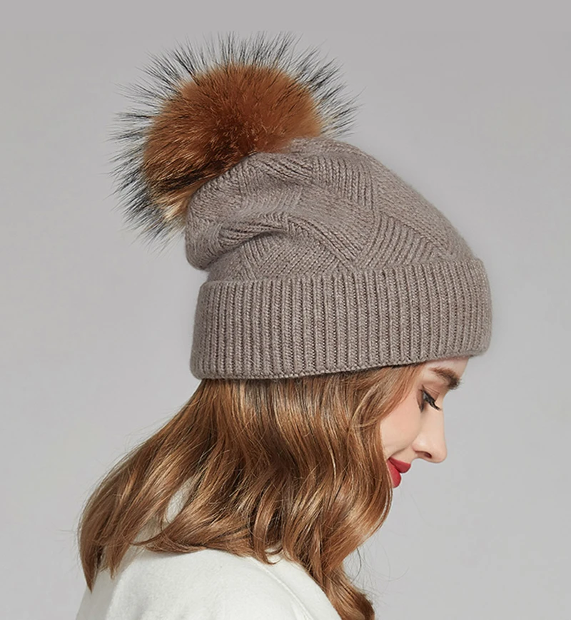 hot sell cute woman cashmere wool cable knit winter warm beanie hat with fox ball