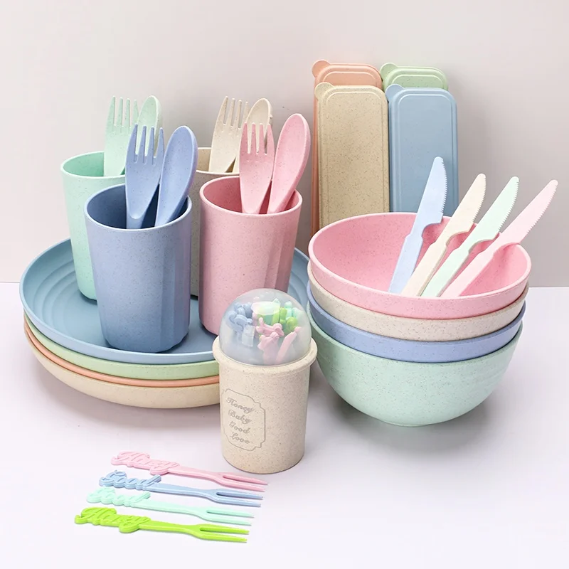 OEM/ODM Wheat straw tableware spoon fork knife cup bowl plate set 29 pcs wheat straw dinnerware set with case