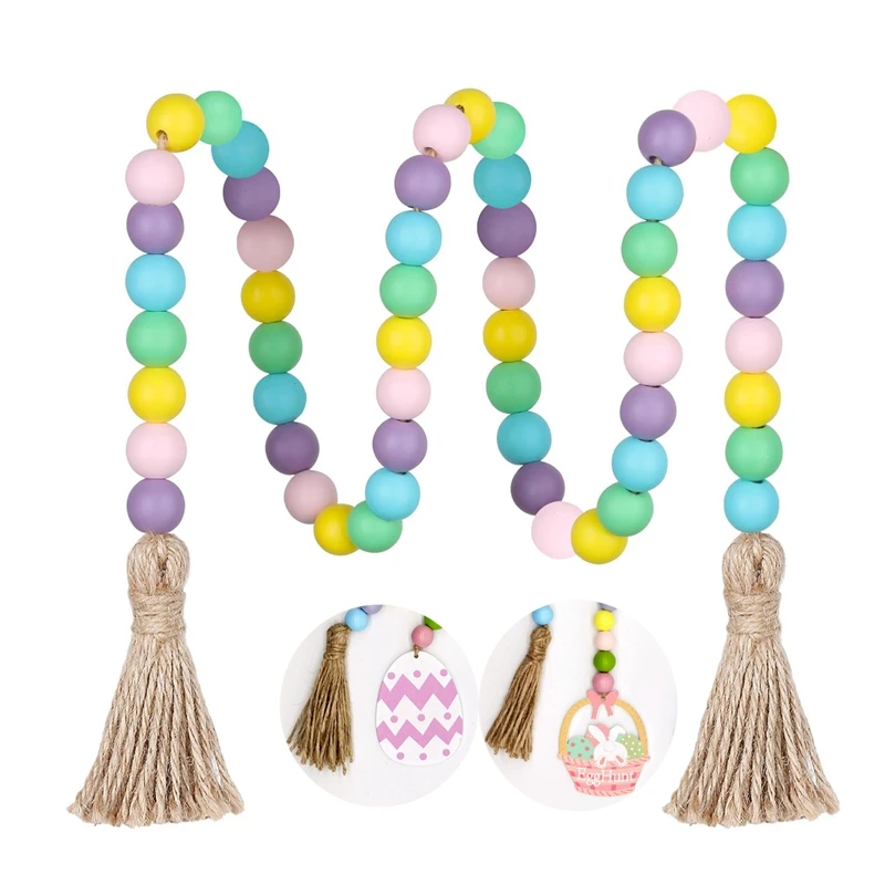 Custom 34inch Easter Wood Bead Garland with Tassels and egg tag Farmhouse Rustic Decor Spring Beads Garland Decor