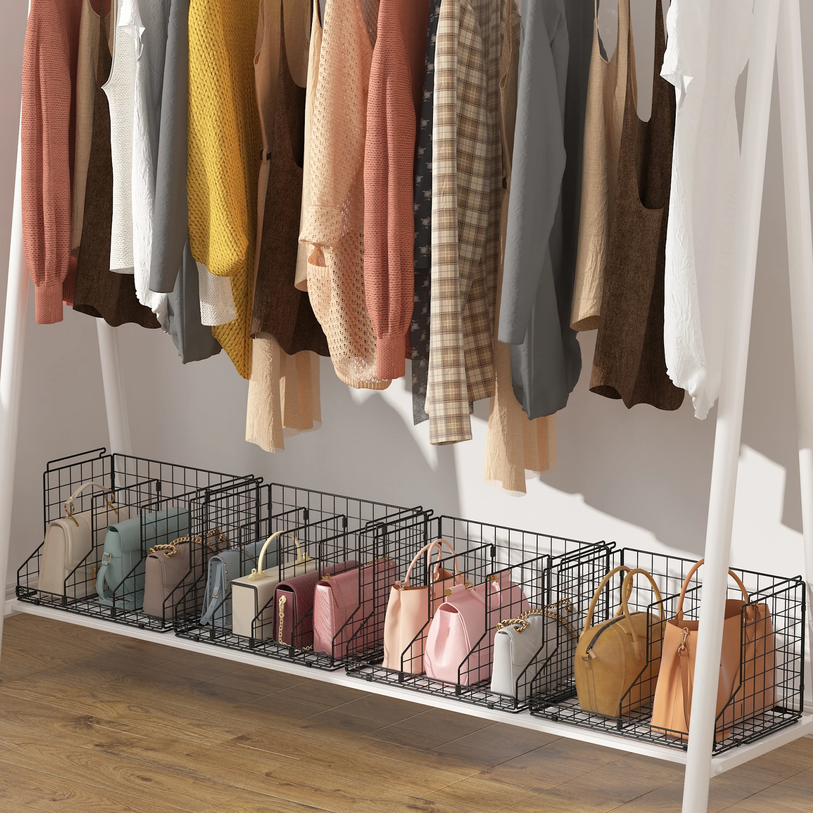 Hot sale Adjustable Dividers Closet Purse Organizer metal wire black storage basket for Wallets Tote Chain Bags Clutches