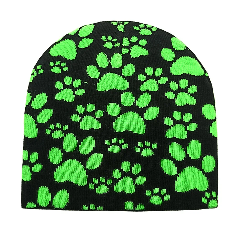Cute Dog Paws Beanie Winter Warm Beanies Women Men Casual Skullies Outdoor Black Warm Knit Print Beanies