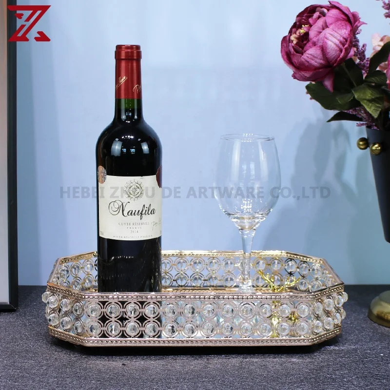 Customized Gold Metal Mirror Serving Tray Modern Design Wedding Parties Home Decoration Crystal Mirror Tray